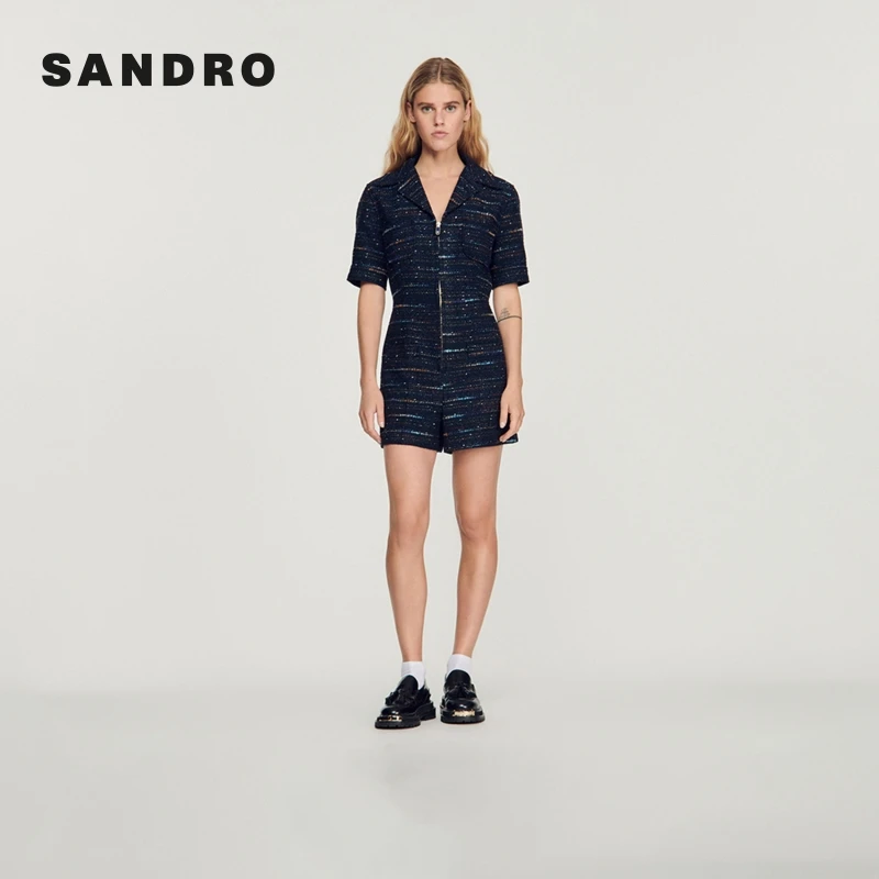 【过季款下架】SANDRO春夏混色花呢修身短裤直筒连体裤SFPCO00230