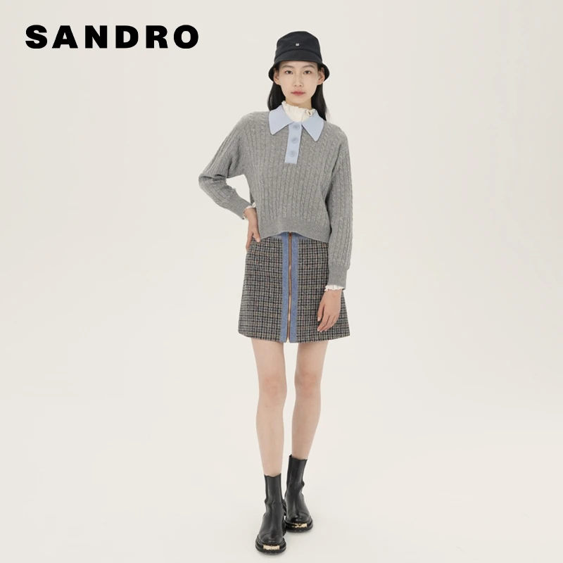 【搭搭专属】SANDRO女装优雅粗花呢牛仔格纹短款半身裙SFPJU00752