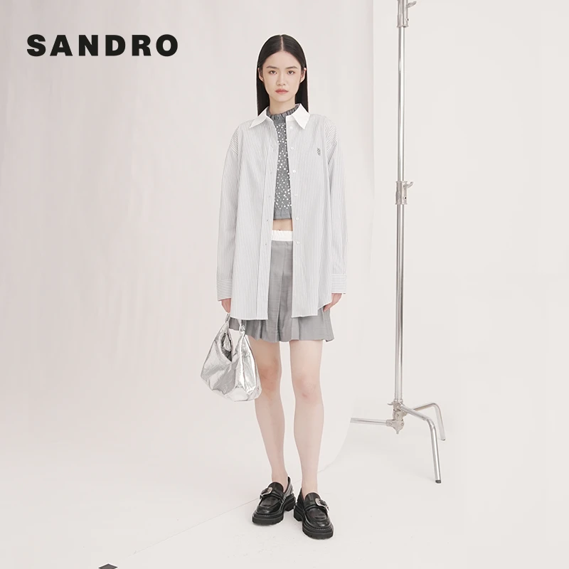 【搭搭专属】SANDRO春秋女装法式通勤条纹长袖衬衫上衣SFPCM01074