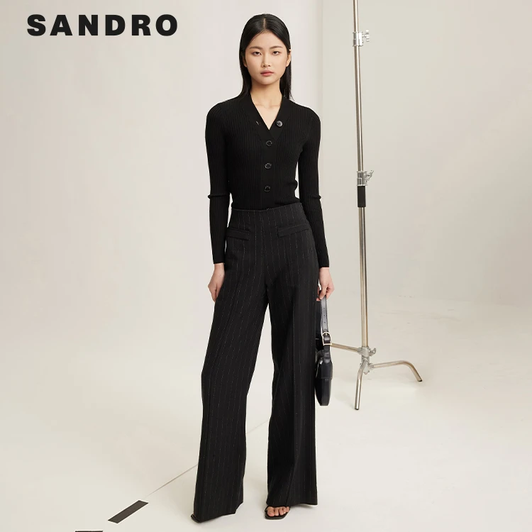 【待】【欧若风】SANDRO春秋新款黑色条纹阔腿休闲长裤SFPPA01389