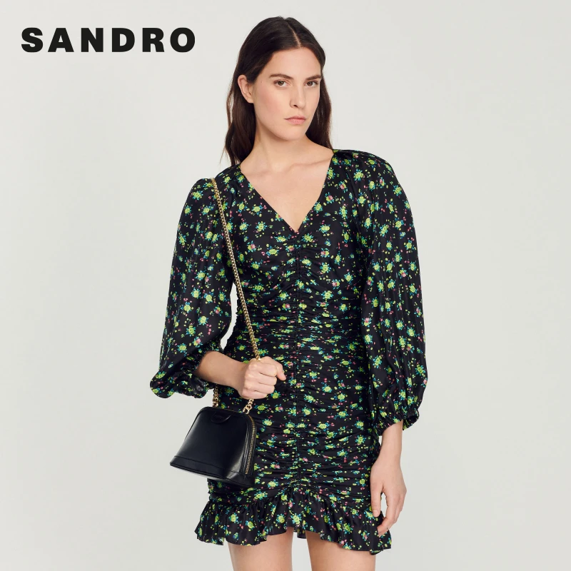 SANDRO春秋法式印花抽褶气质长袖连衣裙短裙SFPRO02807