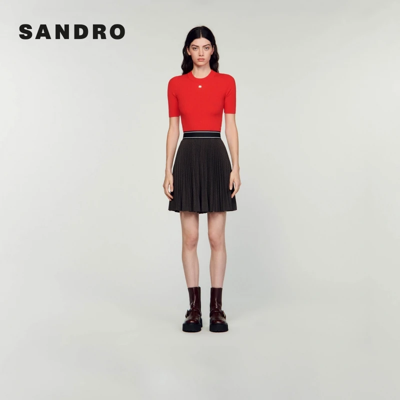 博主同款|SANDRO新款女装法式高腰撞色褶裥半身裙SFPJU00941