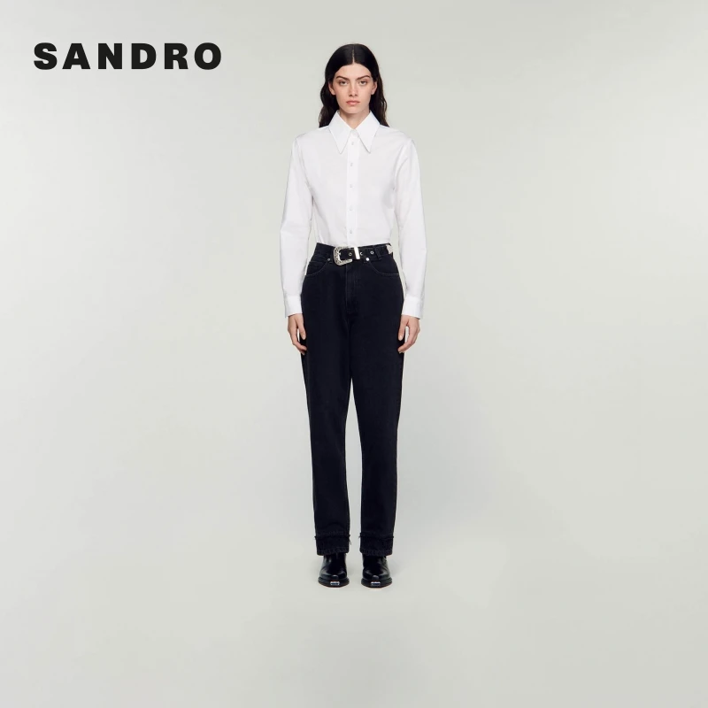 SANDRO女装百搭高腰直筒腰饰黑色牛仔裤SFPJE00546