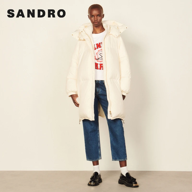 sandro女装时尚经典休闲白色蓬松感中长款羽绒服棉服SFPOU00367