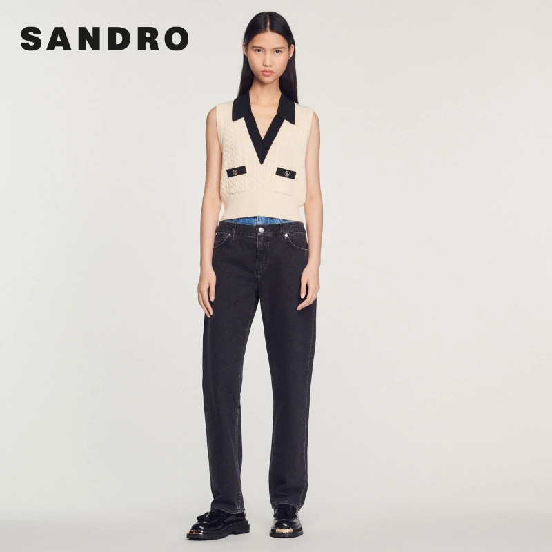 SANDRO女装新中式经典撞色V领无袖罗纹绞花针织衫SFPPU01550