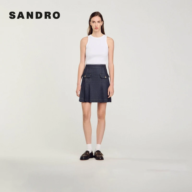 SANDRO秋冬新款时尚牛仔线条百褶半身裙SFPJU01171