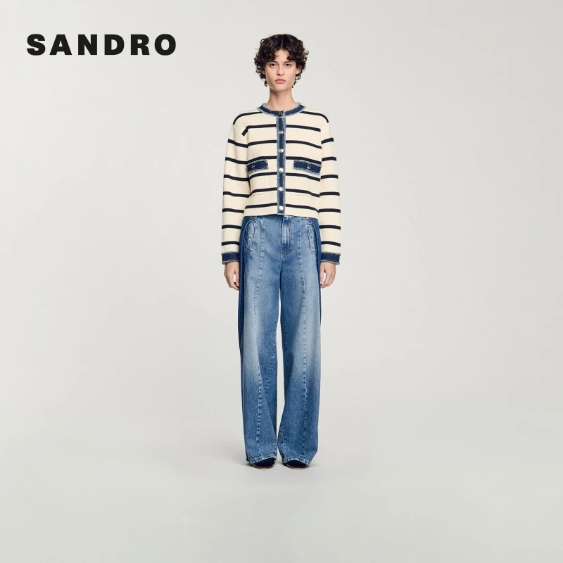 商场同款|SANDRO2025早秋新款拼接撞色条纹针织开衫SFPCA01208