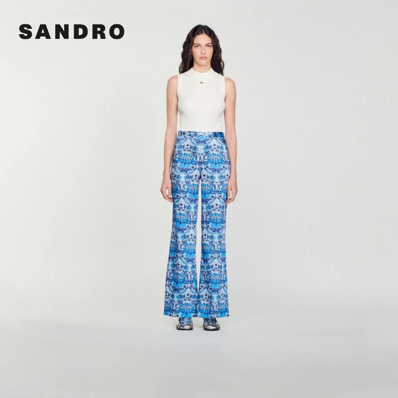 SANDRO早秋女装法式尤莱特时尚蓝印花垂感微喇阔腿长裤SFPPA01140