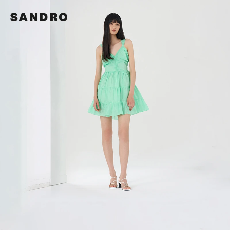 【欧若风】SANDRO春秋女装甜美高腰蓬蓬裙吊带连衣裙SFPRO02929