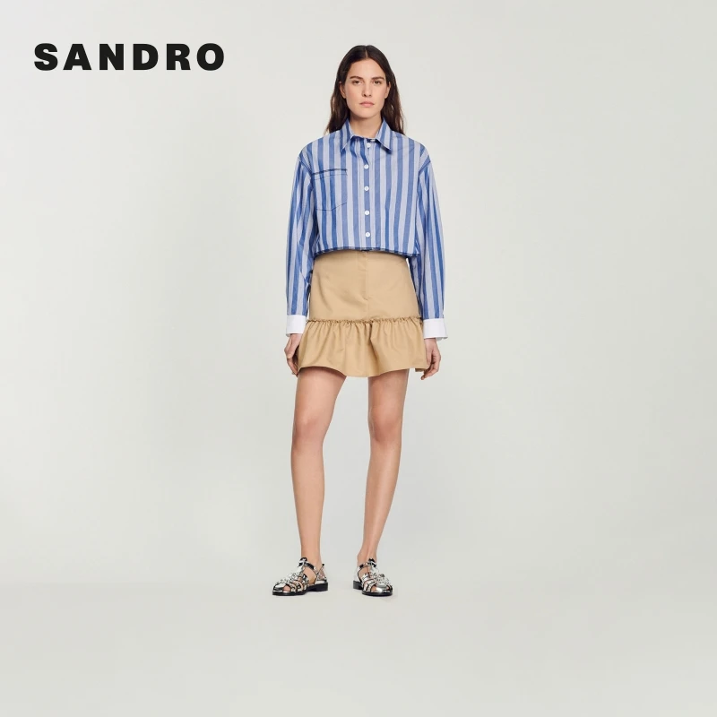 【一秒入夏】SANDRO女装通勤撞色条纹宽松短款长袖衬衫SFPCM00809