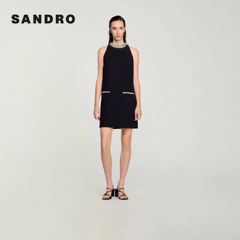 暖系穿搭SANDRO秋冬高级感仿钻饰无袖挂脖短款连衣裙SFPRO03776