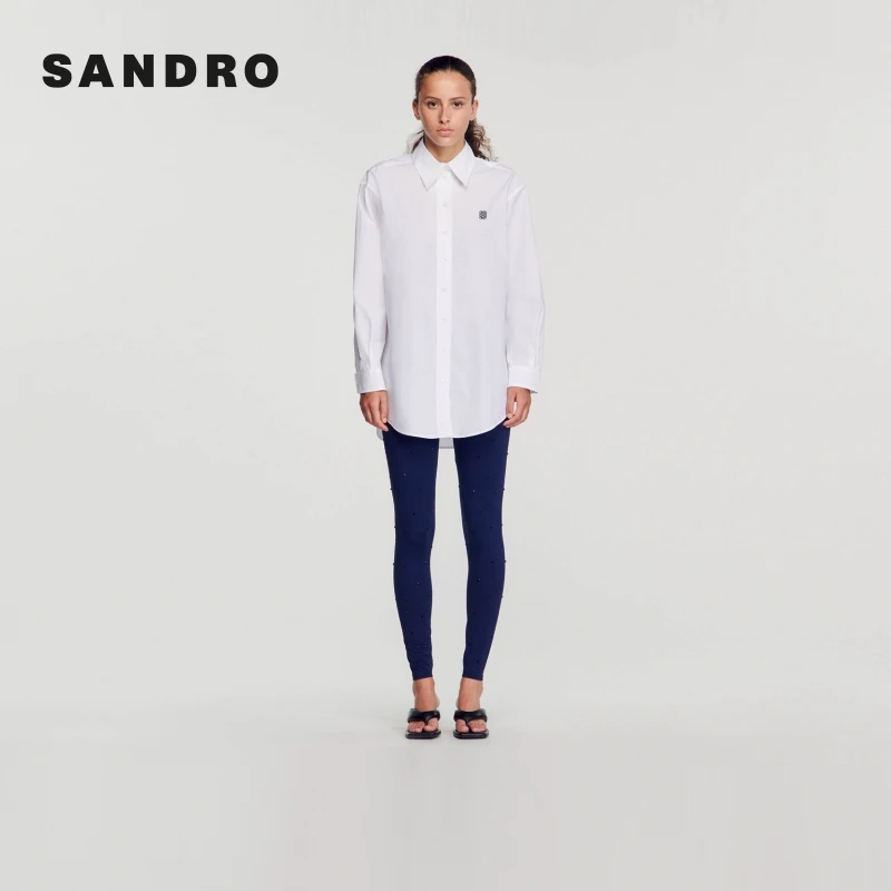 【待】SANDRO春秋新款简约通勤休闲双S刺绣长袖白色衬衫SFPCM00977