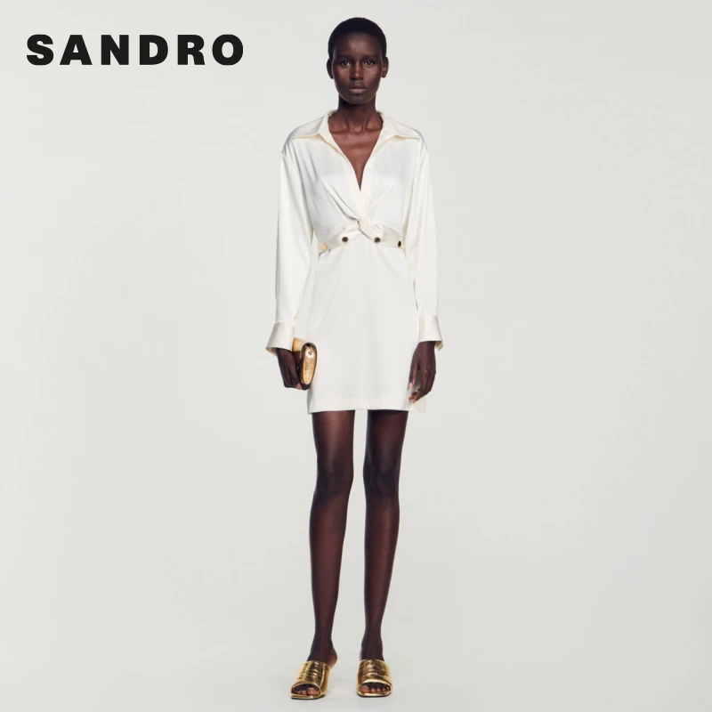 流光风|SANDRO早秋女装高级感收腰白色长袖连衣裙SFPRO03216