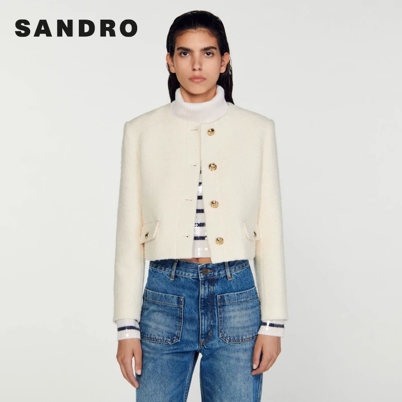 【下架】SANDRO春夏经典款女装气质圆领白色短款外套SFPVE00906