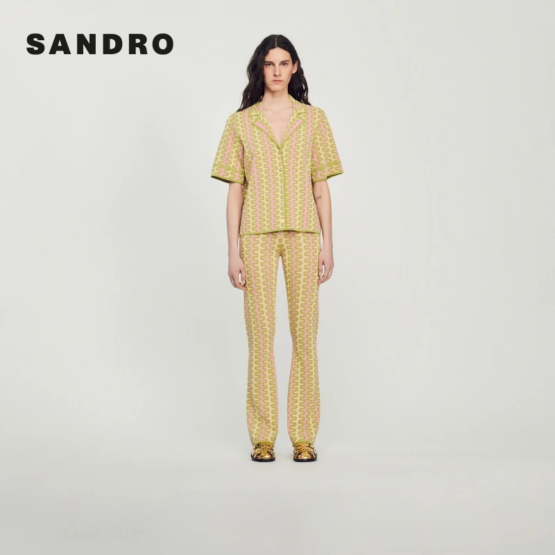 SANDRO早秋新款女装法式波浪花纹翻领短袖衬衫针织上衣SFPCA00807