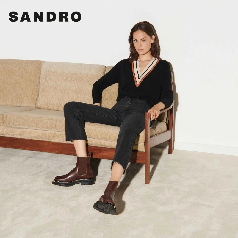 SANDRO经典款女装羊毛学院风黑色时尚显瘦修身针织上衣SFPPU00791