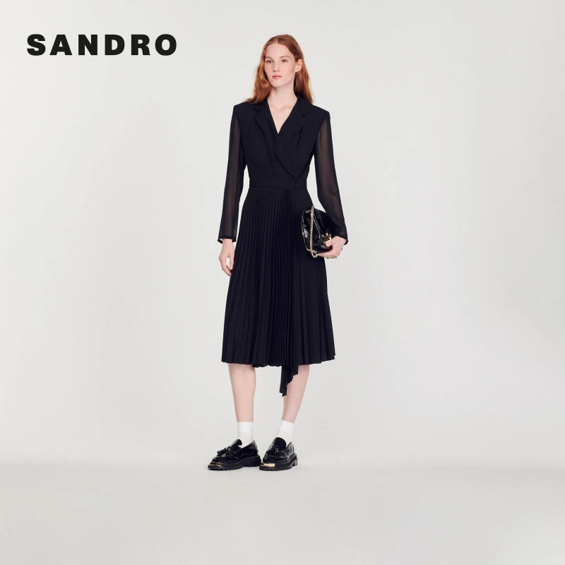 【待】SANDRO秋冬女装经典收腰交叉法式长袖百褶连衣裙SFPRO00726