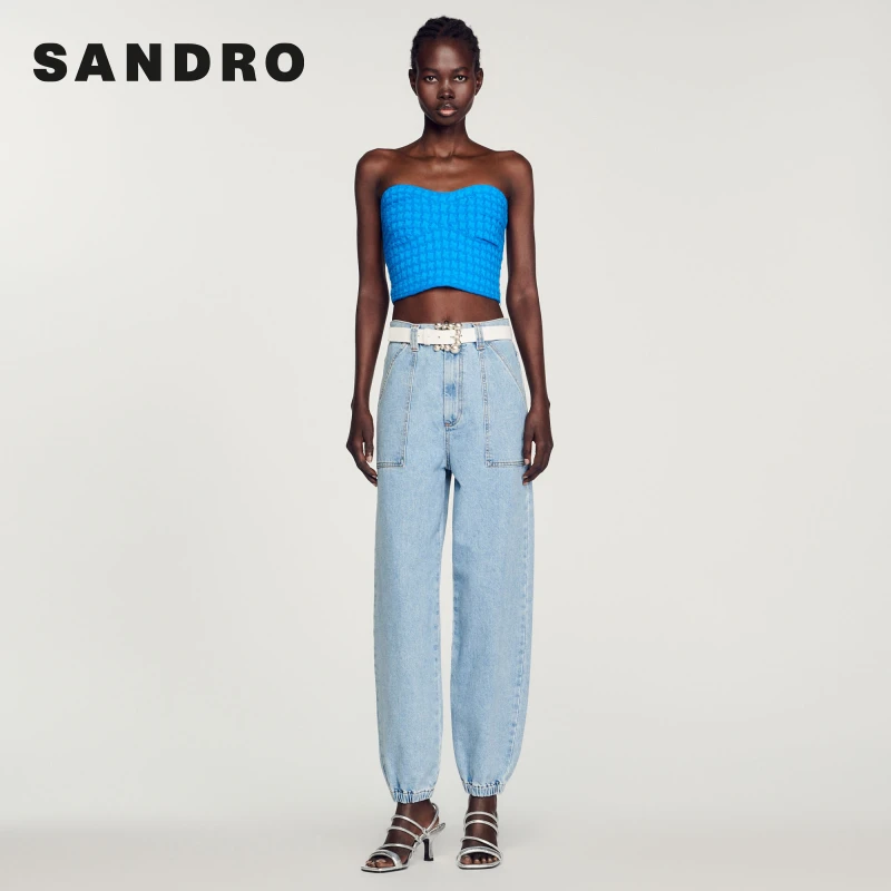 SANDRO春秋新款女装法式肌理纯色心形蓝色针织抹胸上衣SFPPU01771