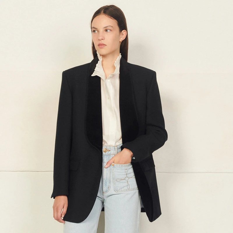 sandro法式女装老钱风气质时尚热力感青果领西装外套SFPVE00549