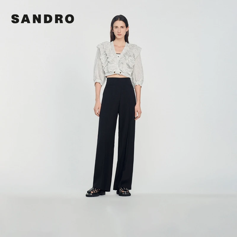 商场同款|SANDRO女装荷叶边条纹气质泡泡袖短款衬衫SFPTO00564