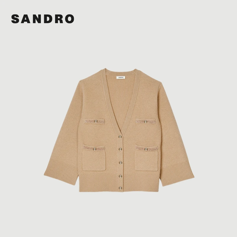 SANDRO女装慵懒绵羊毛驼色宽松针织开衫上衣SFPCA01122