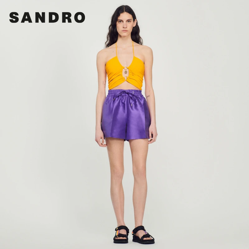 【一秒入夏】SANDRO春夏时尚紫色抽绳系带微喇收褶短裤SFPSH00270