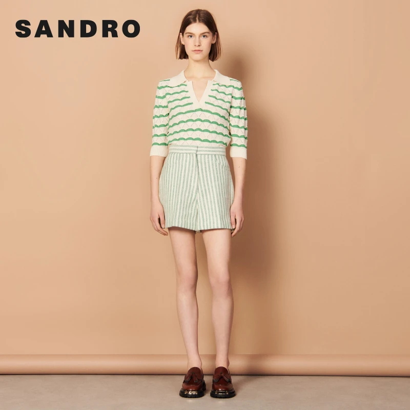 SANDRO时尚高能感通勤气质高腰直筒撞色修身条纹短裤SFPSH00233