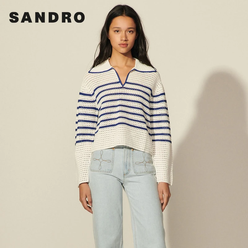 sandro女装慵懒感套头镂空撞色条纹甜酷风针织长袖上衣SFPPU01052