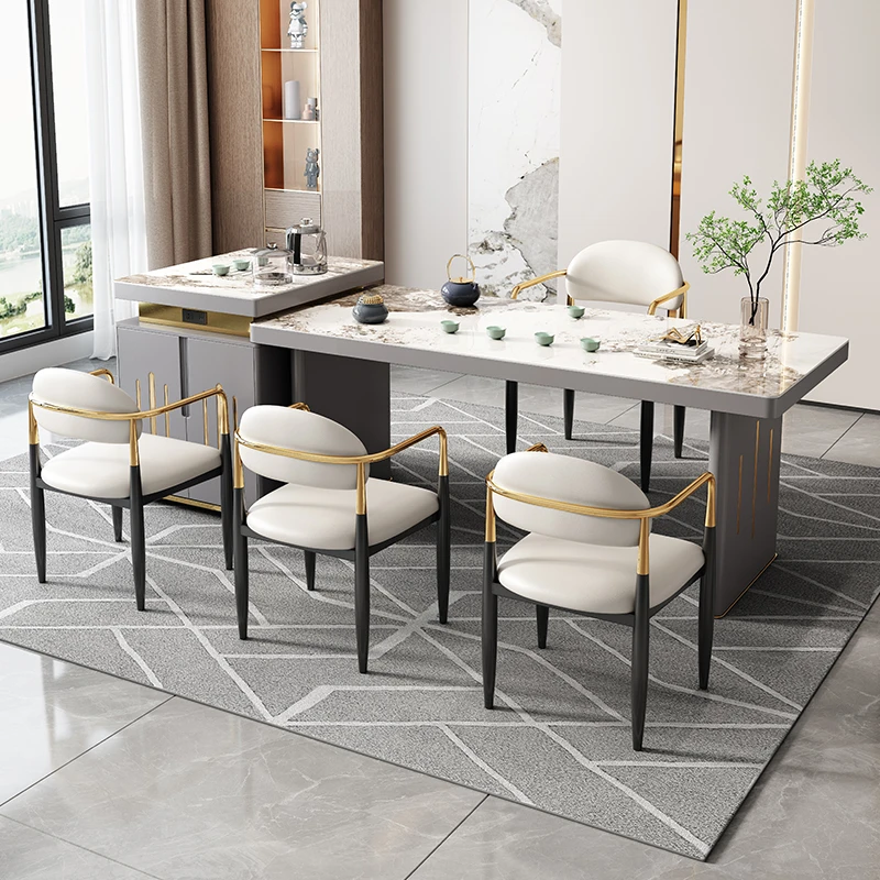 现代简约办公室茶桌岛台餐桌一体家用可移动岩板泡茶桌茶台椅组合