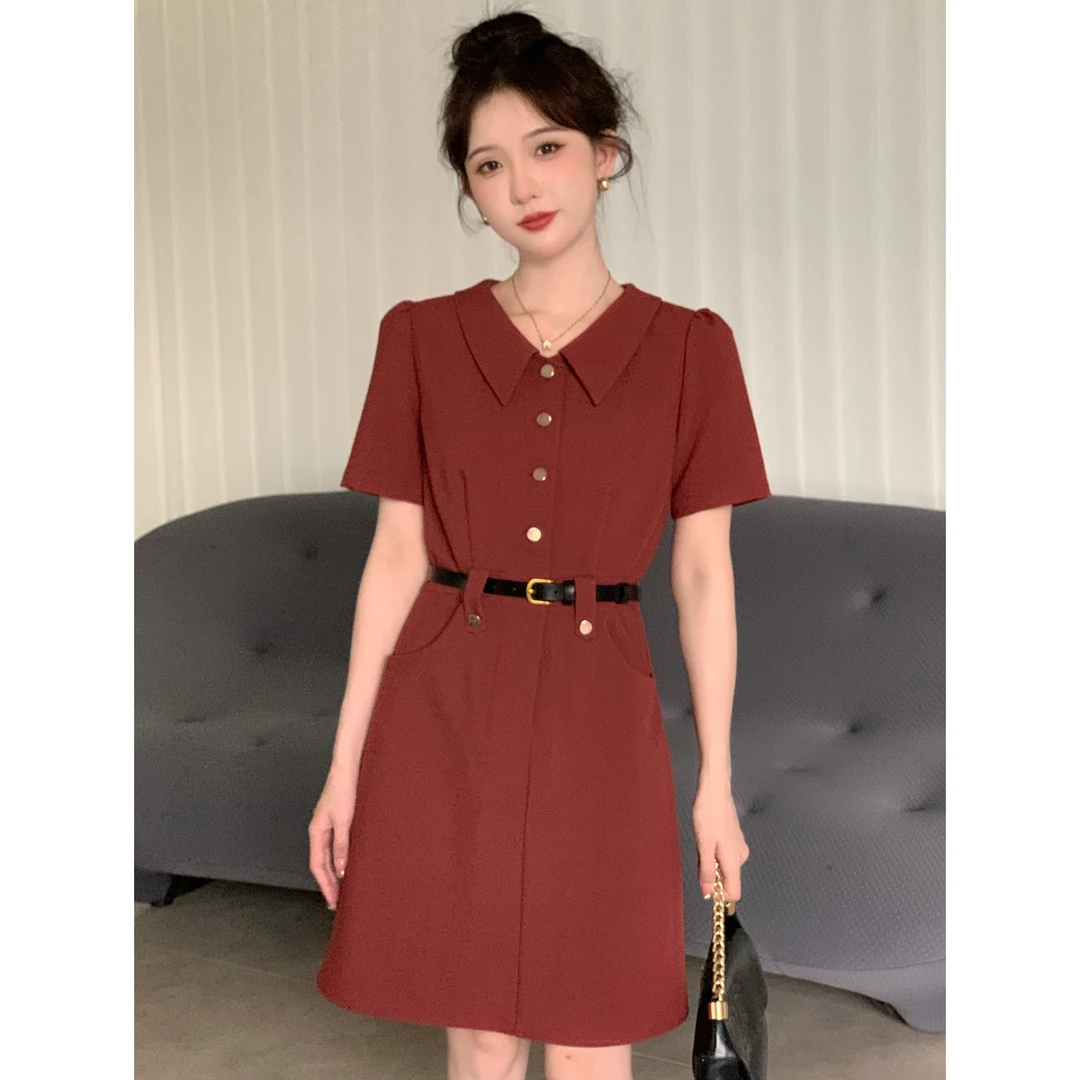 烧鹅仔 【玫瑰与你】 夏季V领气质显瘦polo领连衣裙女a字长短裙子