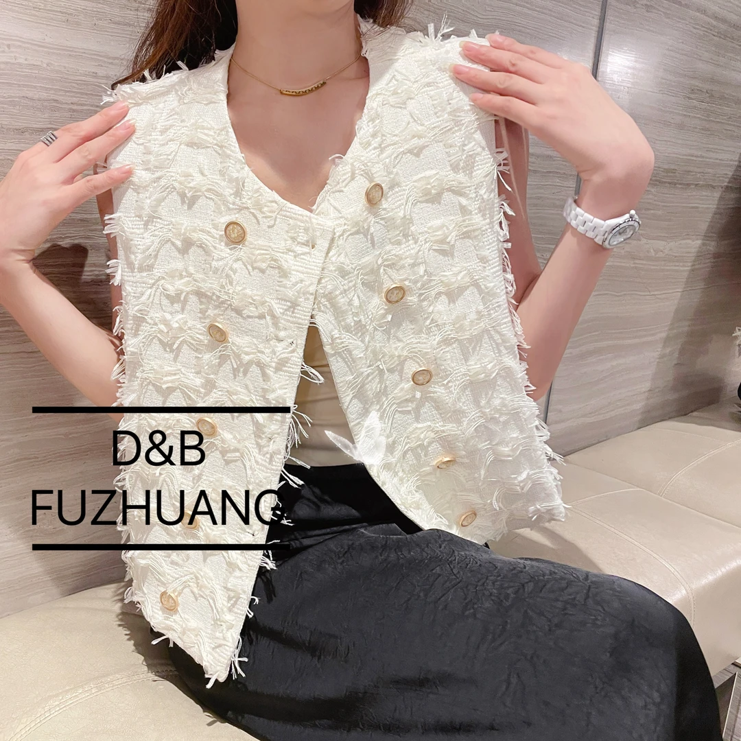 夏装新款高级感小众洋气毛毛无袖双排扣圆领小香风背心马甲外套