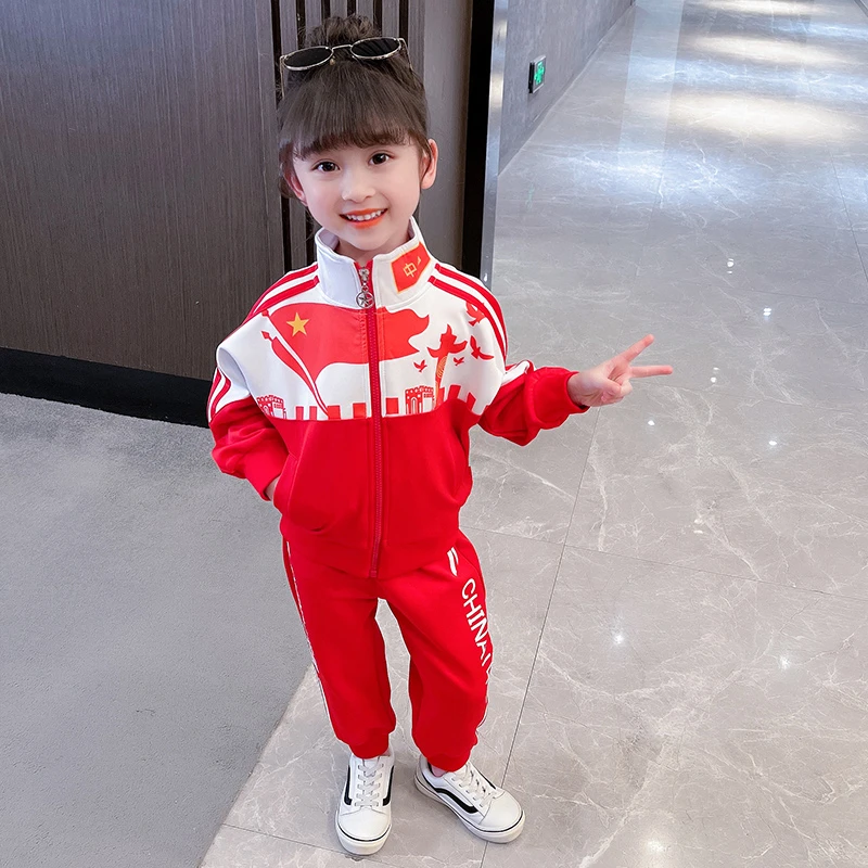 儿童春秋装运动三件套中国风武术校服男童女童团体比赛服红色套装