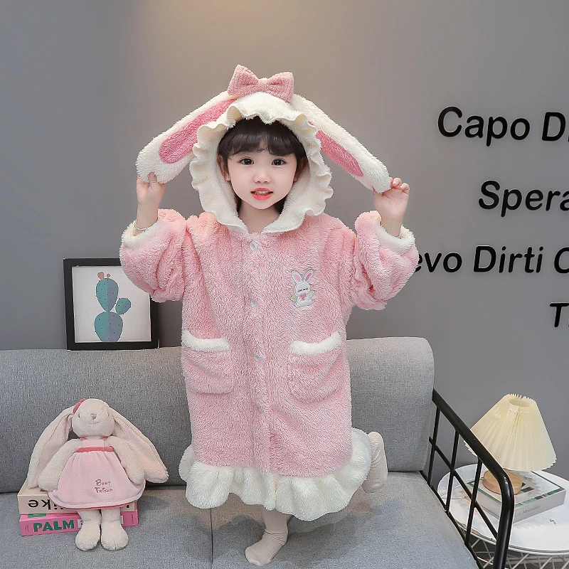 女童珊瑚绒睡衣秋冬季法兰绒加厚儿童睡袍家居服宝宝睡裙女孩浴袍