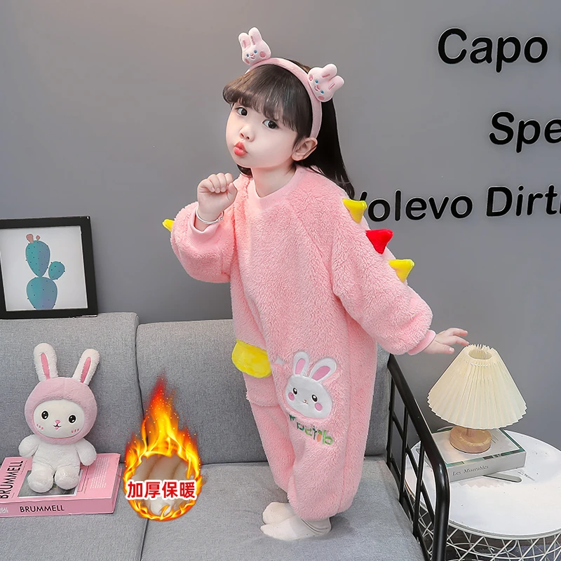儿童连体睡衣冬季女童加绒加厚珊瑚绒家居服女婴儿冬季加厚连体衣