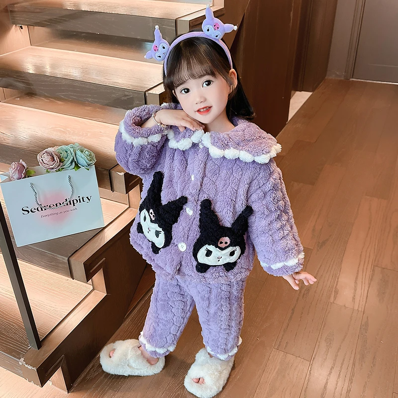 女童冬季珊瑚绒睡衣儿童三层夹棉加厚保暖套装小童女孩公主家居服