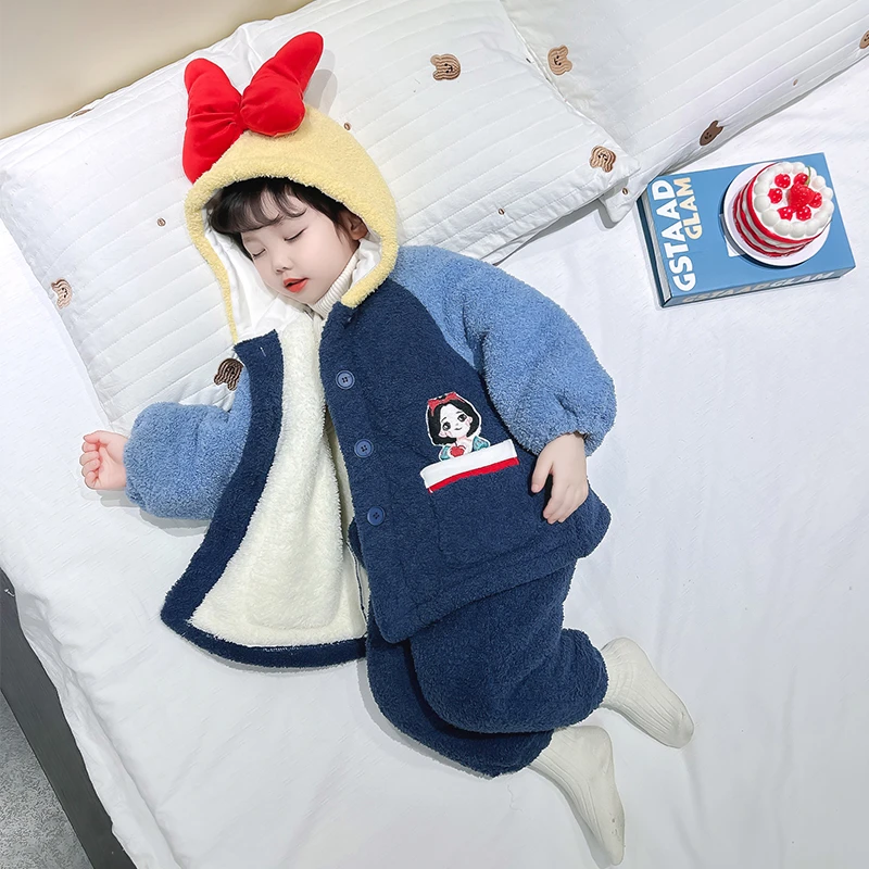 女童加绒睡衣秋冬小女孩白雪公主家居服保暖套装女宝宝加厚珊瑚绒