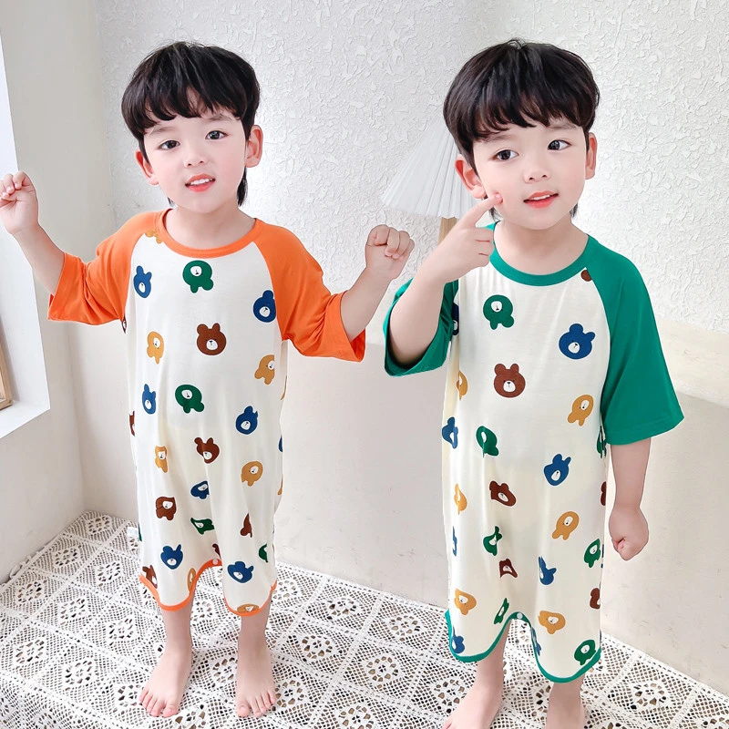 男童莫代尔睡衣春秋款2024新款男孩宝宝防着凉家居服儿童夏装睡裙