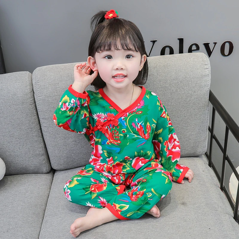 3东北大花长袖宝宝春秋冬1-6岁儿童女童宝宝中国风睡衣冬季家居服
