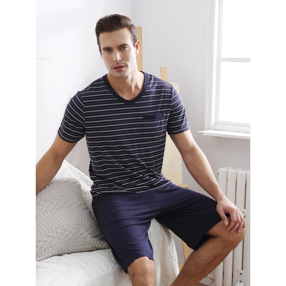 德国舒雅男士莫代尔夏季家居服2025新款男款爆款条纹短袖睡衣套装