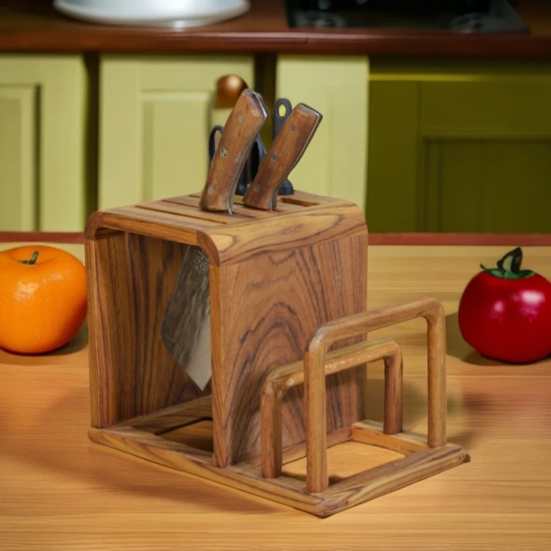 柚木刀架新中式实木耐用沥水架厨房用台面刀具锅盖收纳架置物架