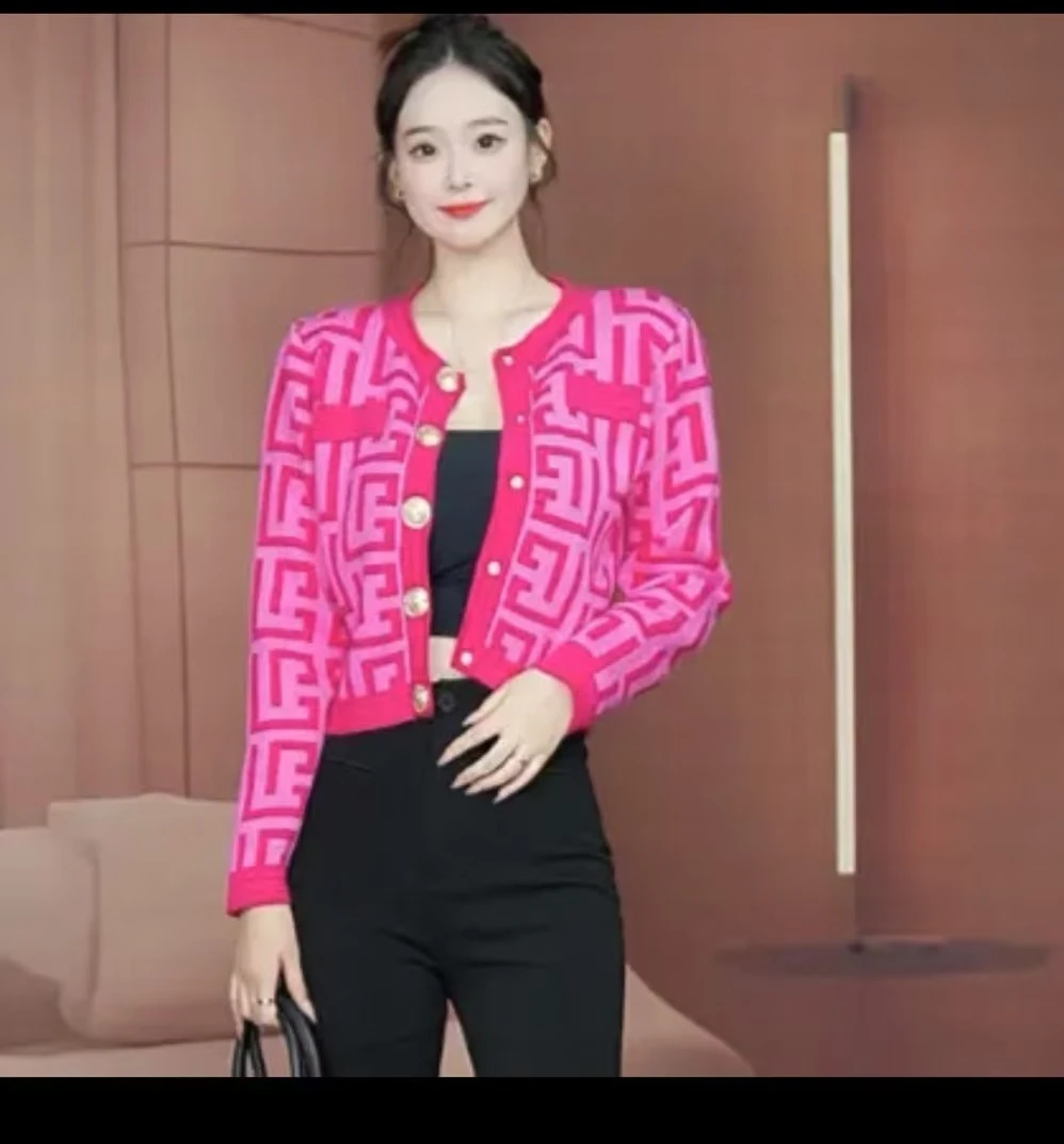 2024秋冬新款法式气质字母金属扣针织上衣时尚圆领长袖清