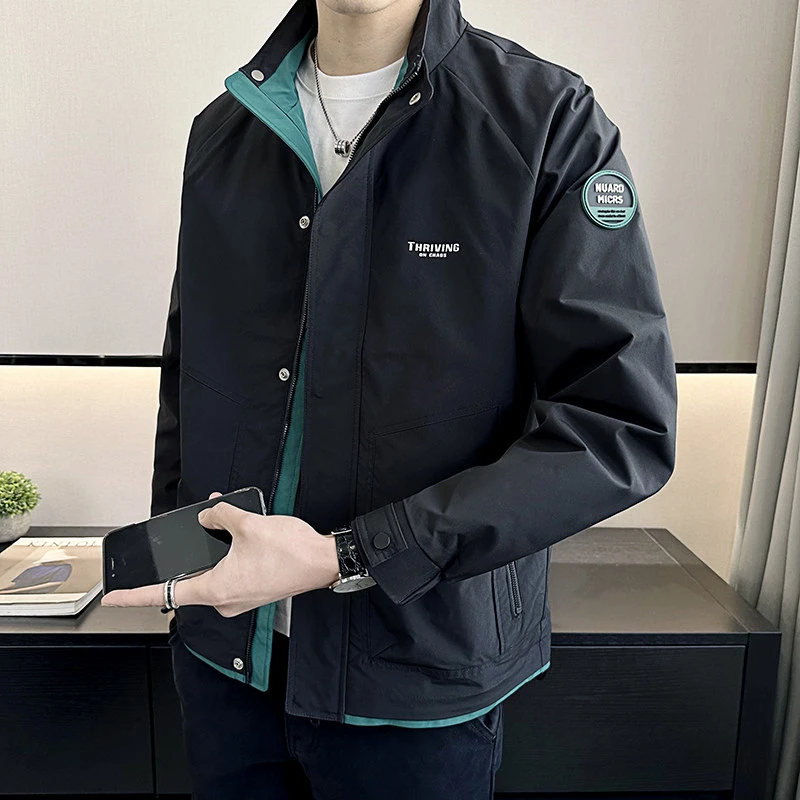 2025春秋新款立领夹克男士拼色简约上衣帅气外套百搭休闲男士外套