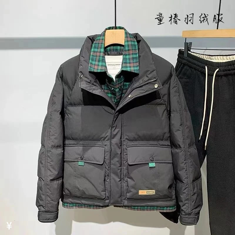 高端工装衬衫拼接翻领羽绒服男冬季潮流宽松休闲假两件设计羽绒衣