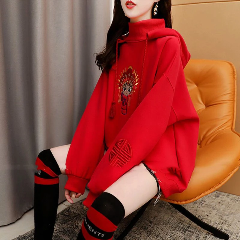 红色国潮风卫衣女加绒加厚上衣秋冬2024年新款韩版宽松设计感外套