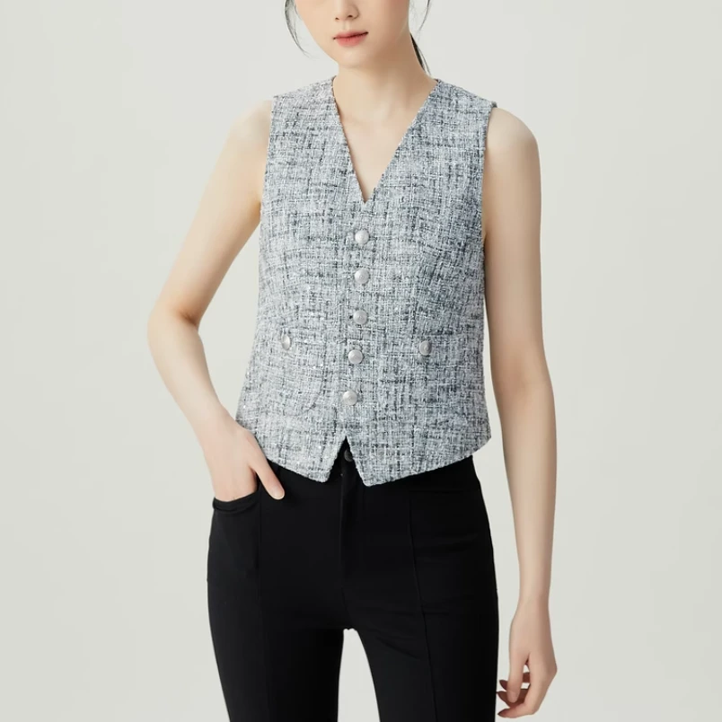 GIRDEAR/哥弟春季新款时尚质感花呢小香风马甲外套女1400766