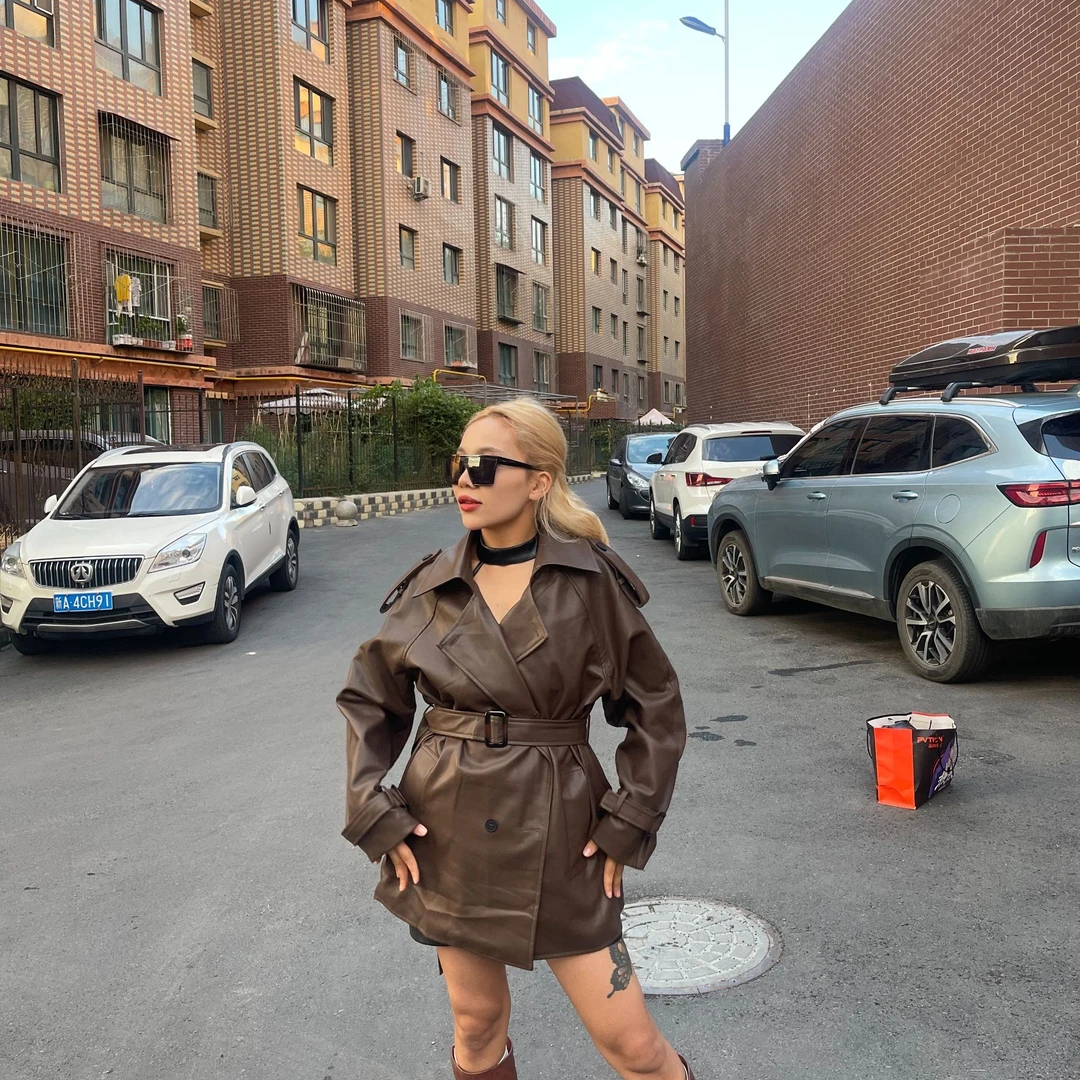 2024款春秋皮衣外套气质时尚休闲收腰中长款