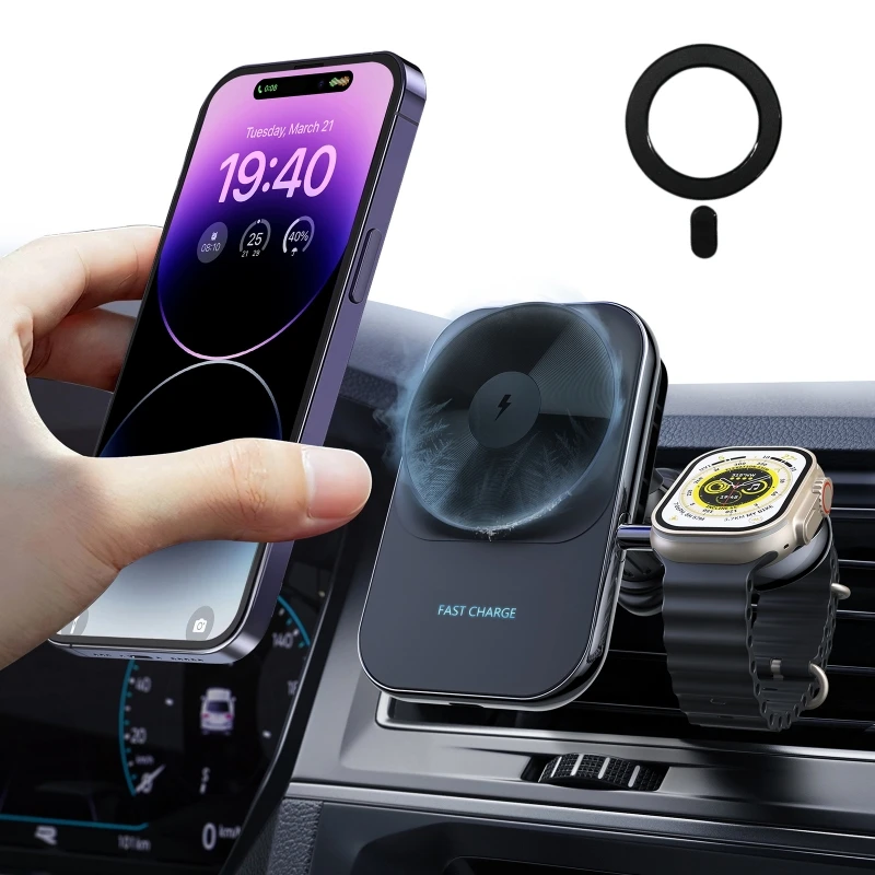 车载无线充电磁吸手机架适用苹果手表iwatch二合一汽车用导航专用
