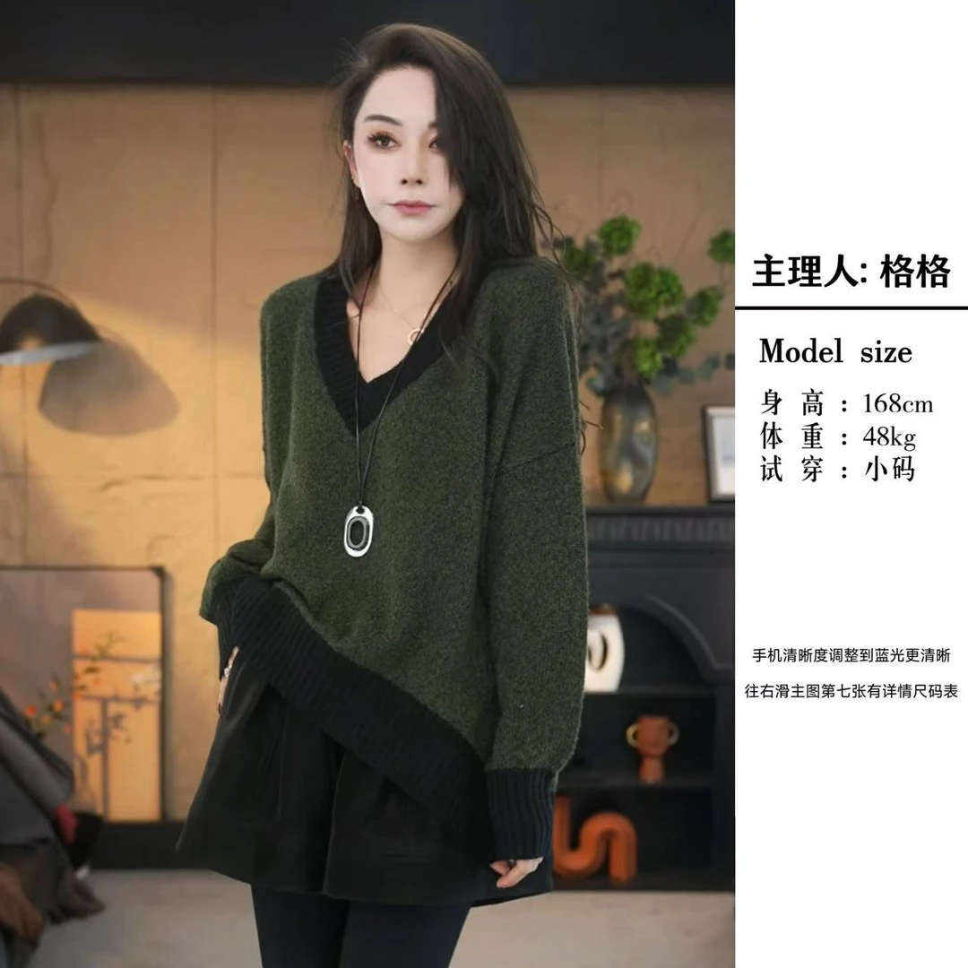 【格格家】2391-30冬季上新韩版休闲百搭加厚领长袖拼色针织毛衣女