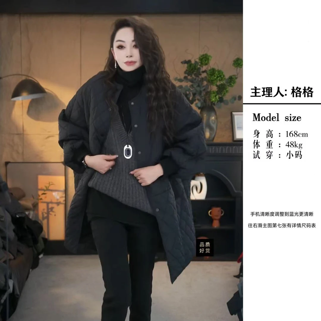 【格小姐】28135-30冬季新款韩版时尚菱格纹棉服中长款高级气质外套