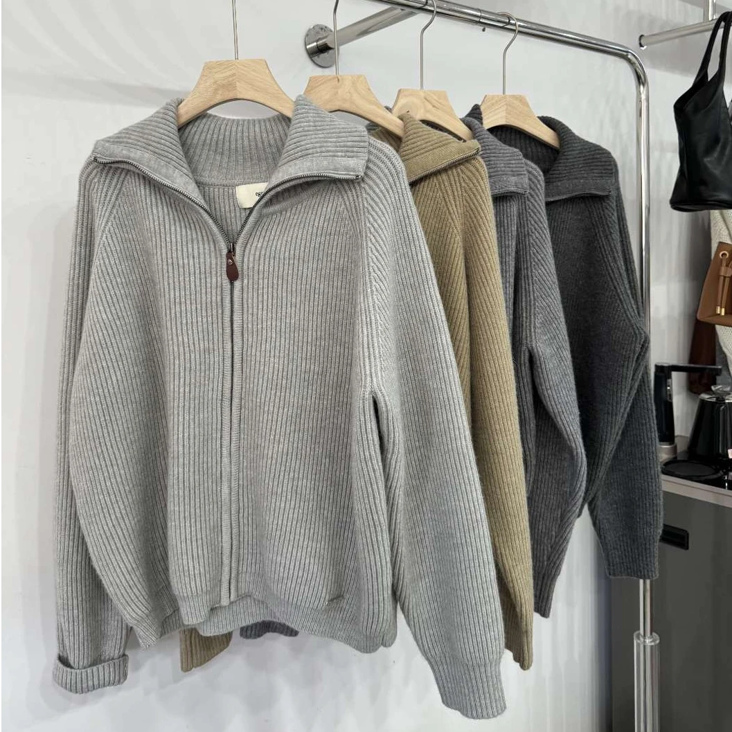 美丽家拉链翻领毛衣外套开衫